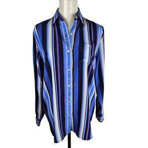 Lauren Ralph Lauren Silk Shirt Small Striped Oversized Button-Down Blue & Purple